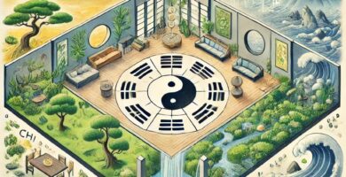 La imagen ilustra los principios fundamentales del Feng Shui, mostrando cómo se aplican los elementos naturales y las energías dentro de un espacio interior para lograr un equilibrio perfecto. En el centro, destaca un símbolo prominente de Yin y Yang, rodeado por el Bagua, una herramienta esencial en el Feng Shui para evaluar la energía de un espacio. Cada esquina de la imagen representa uno de los cinco elementos tradicionales del Feng Shui: Madera, Tierra, Metal, Agua y Fuego. Estos elementos están representados a través de paisajes naturales y objetos decorativos dentro de la sala, reflejando cómo cada elemento influye en el flujo del "Chi", o energía vital, en el entorno. La imagen combina estos elementos de manera armoniosa, mostrando cómo el Feng Shui puede utilizarse para crear un espacio equilibrado y propicio para la salud, la prosperidad y la tranquilidad. El entorno natural que rodea la habitación simboliza la conexión profunda entre los espacios interiores y exteriores, un principio clave del Feng Shui que promueve la fluidez de la energía entre el hombre y la naturaleza. Las corrientes de agua, las montañas, los árboles y el fuego están cuidadosamente ubicados para ilustrar cómo el Feng Shui guía la organización de un espacio para maximizar el bienestar y el equilibrio energético.