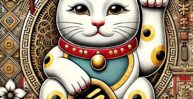 La imagen presenta un "Maneki-neko" o "gato de la suerte", un talismán ampliamente utilizado en la cultura japonesa y en el Feng Shui para atraer buena fortuna, prosperidad y éxito. Este gato de la suerte está decorado con detalles dorados y un collar rojo, colores que simbolizan riqueza y protección. El gato levanta su pata derecha, lo que se cree que ayuda a atraer dinero y buena suerte, especialmente en los negocios. El Maneki-neko sostiene una moneda dorada con inscripciones en chino, que también es un símbolo de riqueza y abundancia. El fondo de la imagen está ricamente decorado con patrones y elementos tradicionales que refuerzan la energía auspiciosa del gato de la suerte, incluyendo linternas chinas, flores, y otros adornos que son comunes en la decoración orientada al Feng Shui. El uso de este gato de la suerte en el Feng Shui está destinado a mejorar las vibraciones positivas en un espacio, fomentando un flujo constante de prosperidad y éxito en la vida y los negocios. Colocar un Maneki-neko en la entrada de un hogar o tienda es una práctica común para invitar a la fortuna a entrar y permanecer. Esta representación del Maneki-neko encapsula el espíritu de la buena suerte y la abundancia, presentándolo como un símbolo poderoso en la cultura oriental para asegurar prosperidad y éxito continuo.