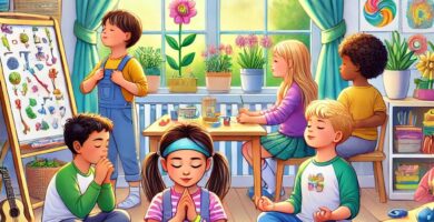 La imagen muestra una escena vibrante y colorida en la que un grupo de niños practica mindfulness en un aula iluminada por la luz natural. Los niños están sentados en diferentes posiciones, algunos en meditación con los ojos cerrados, otros en postura de oración, todos claramente concentrados en su bienestar interior. El ambiente está lleno de detalles alegres, como banderines colgados, plantas en las ventanas, y mariposas que parecen flotar en el aire, lo que sugiere un ambiente de tranquilidad y conexión con la naturaleza. El aula está decorada con colores brillantes y materiales educativos que fomentan la creatividad y el aprendizaje. En la pared, se pueden ver dibujos y trabajos manuales hechos por los niños, lo que refleja un espacio inclusivo y estimulante. En un rincón, una pizarra con imágenes de objetos naturales sugiere que la enseñanza en esta clase incluye una fuerte conexión con el mundo natural. Esta imagen captura la esencia del mindfulness para niños, mostrando cómo esta práctica puede integrarse de manera efectiva en un entorno escolar para ayudar a los niños a desarrollar la conciencia plena, la calma y la concentración desde una edad temprana. La atmósfera general es de paz y alegría, subrayando los beneficios que el mindfulness puede aportar al bienestar emocional y mental de los más pequeños.