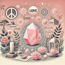La imagen presenta un cristal de cuarzo rosa en el centro de un collage visual que destaca las cualidades de amor, paz y tranquilidad asociadas con este mineral. El cuarzo rosa, con su suave color rosado, emite una energía cálida y calmante que se refleja en los diversos elementos que lo rodean. Alrededor del cristal, se encuentran símbolos y palabras que refuerzan su asociación con el amor y la serenidad, como la palabra "LOVE" en varias ubicaciones y símbolos de paz. También se incluyen imágenes de flores, especialmente rosas, que son símbolos tradicionales de amor y belleza, así como velas encendidas que sugieren un ambiente de tranquilidad y meditación. La imagen está bañada en tonos rosados y suaves, creando una atmósfera de calma y bienestar. Elementos como una taza de té, flores de loto y un templo pequeño refuerzan el tema de la paz interior y la conexión espiritual que el cuarzo rosa puede fomentar. En conjunto, esta representación visual del cuarzo rosa encapsula su esencia como una piedra del corazón, utilizada para atraer el amor, sanar las heridas emocionales y promover una profunda paz interior.